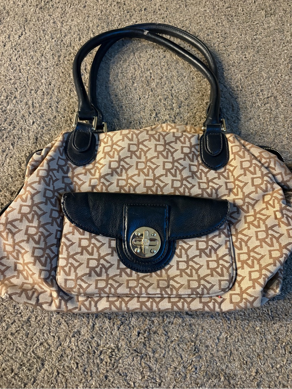 DKNY Tote Bag Monogram Logo Canvas Black Leather Trim Large Shoulder Bag Handbag